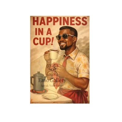 happiness in a cup poster boy smiling with coffee positive quote cafe wall art