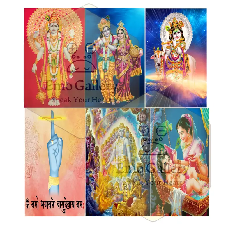 Krishna Leela Wall Poster Pack of 6 | Dwarkadhish, Yashomati Nandan & Vishvarupa Wall Art Krishna Pack Of 6